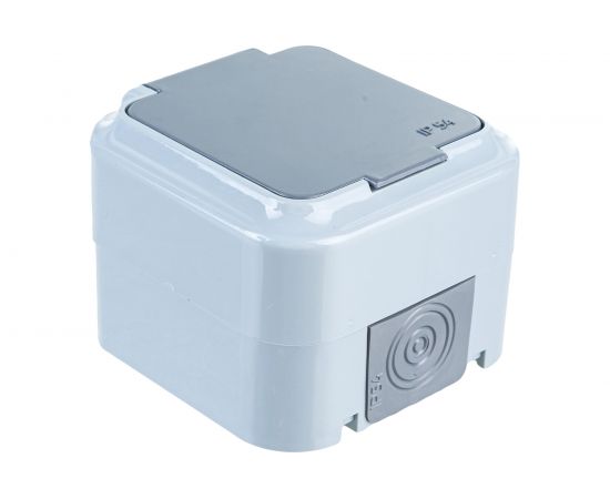 Розетка Bylectrica 1-местная, открытая установка, с заземляющим контактом, со шторкой IP54, серия ПРАЛЕСКА АКВА, серый, РА16-097 03 – изображение 3