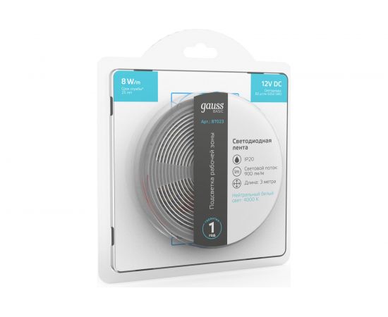 Лента Gauss Basic 12V 8W/m 900lm/m 4000K IP20 LED 3m BT023 – изображение 3