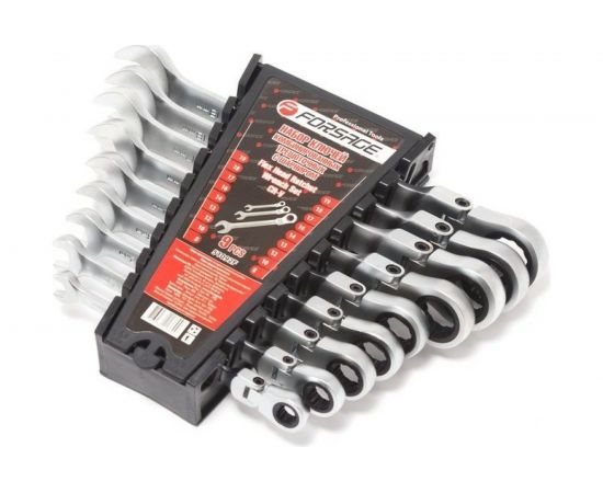 Набор комбинированных ключей Forsage трещоточные, с шарниром 9 пр, в пластиковом держателе F-51092F 