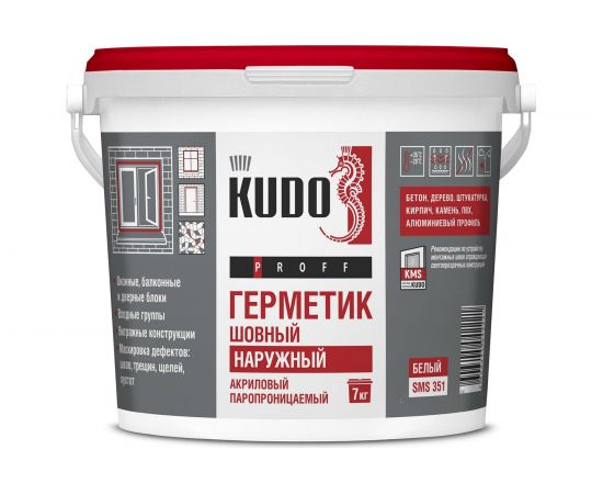 Акриловый паропроницаемый шовный герметик KUDO PROFF наружный, белый, 7 кг SMS-351 