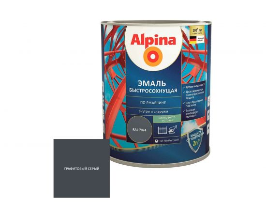 Эмаль по ржавчине ALPINA (быстросохнущая; RAL 7024; 0.75 л) 948104220 
