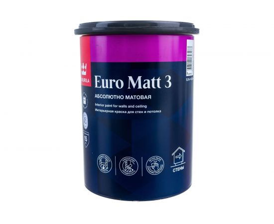 Интерьерная краска TIKKURILA EURO MATT 3 для стен и потолков, абсолютно матовая, база A 0,9л 700001111 