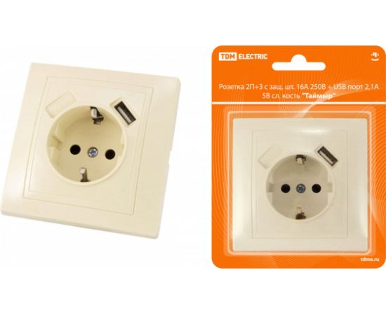 Розетка TDM 2П+З с защитными шторками, 16А 250В + USB порт 2,1А 5В слоновая кость Таймыр SQ1814-0140 
