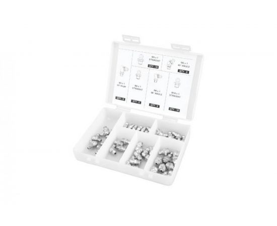 Комплект прпесс-масленок в пластиковой коробке 110 шт М6 М8 М10 прямой и 90 градусов GROZ GR43971 