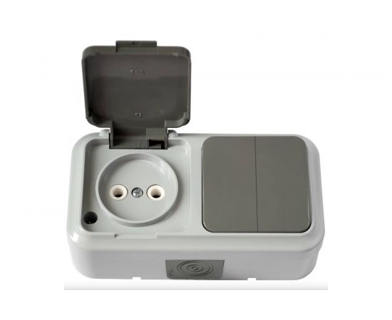 Блок Bylectrica 2 выключателя + розетка ОУ IP54, серия ПРАЛЕСКА АКВА, серый, 2В-РЦ-655 03 