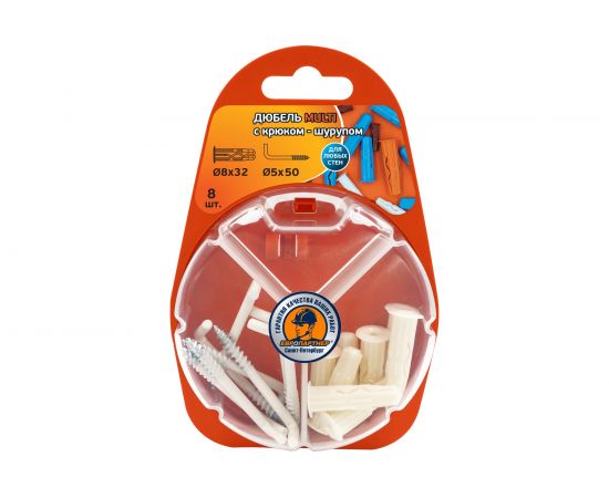 Дюбель ЕВРОПАРТНЕР MULTI 8 + крюк-шуруп, L-образный, d5 х L50 белый, 8 шт. RB2 0165 – изображение 2