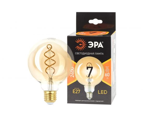 Светодиодная лампа ЭРА F-LED G95-7W-824-E27 spiral gold филамент, шар, спираль, золото, 7Вт, теплый, E27 20/560 Б0047663 – изображение 2