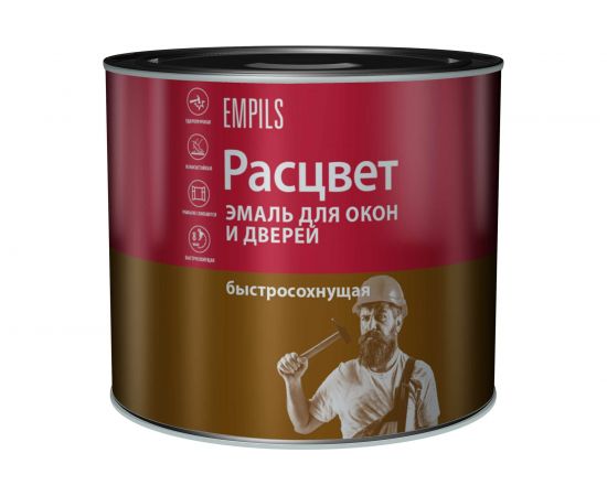 Алкидная эмаль Расцвет для окон и дверей, глянцевая, для наружных и внутренних работ, 1.9 кг 10557 
