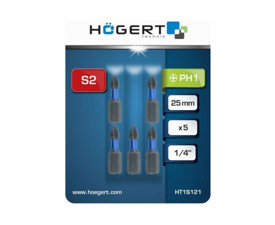 Биты ударные PH1, 25 мм, сталь S2, 5 шт HOEGERT TECHNIK HT1S121 – изображение 2