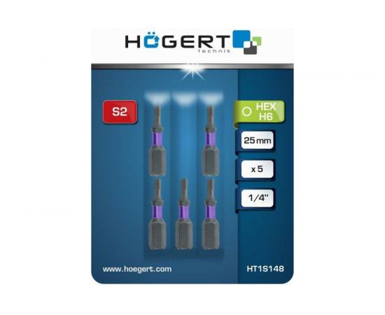 Биты ударные HEX 6, 25 мм, сталь S2, 5 шт HOEGERT TECHNIK HT1S148 – изображение 2