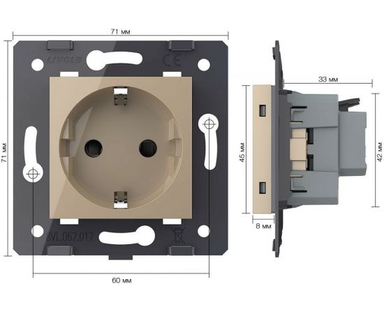 Электрическая розетка LIVOLO с заземлением защитными шторками 16A, зажимы, цвет золотой (механизм) VL-FCTC16A-2APS01 – изображение 5