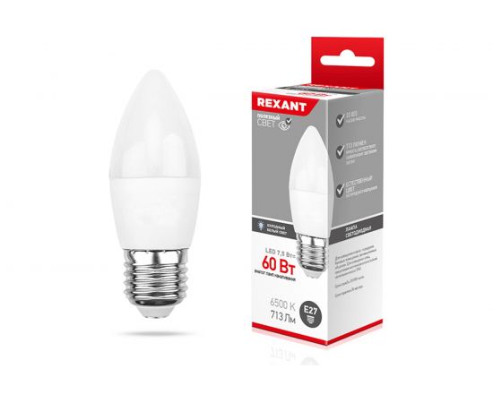 Светодиодная лампа REXANT Свеча CN 7,5 Вт E27 6500 K холодный свет 604-022 