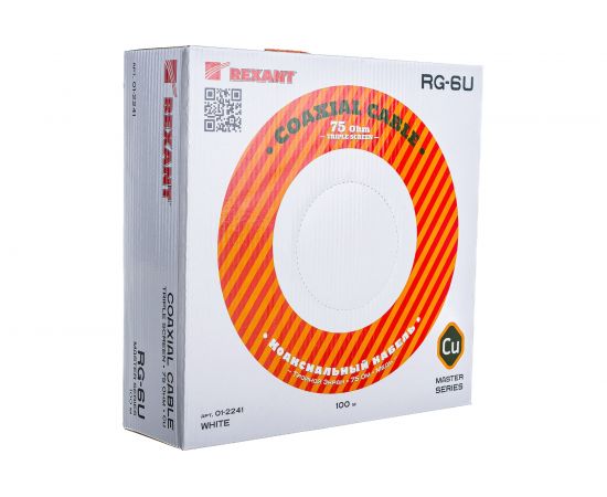 Коаксиальный кабель REXANT RG-6U+Cu, 75 Ом, Cu/Al/Cu/Al, 90%, две фольги, бухта 100 м, белый 01-2241 