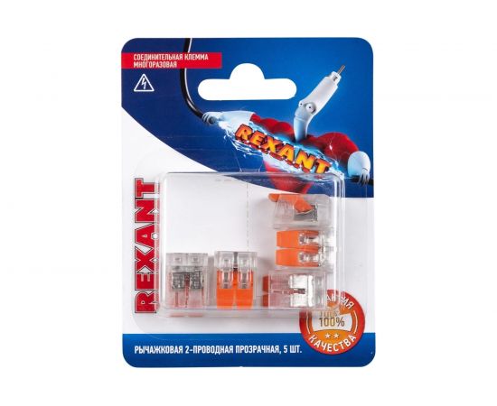 Соединительная 2-проводная клемма REXANT с рычажком 0,14-4 мм2 прозрачная 5 шт 06-0216-A5 