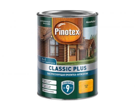 Быстросохнущая пропитка-антисептик PINOTEX CLASSIC PLUS 3в1 сосна, 0.9 л 5479954 