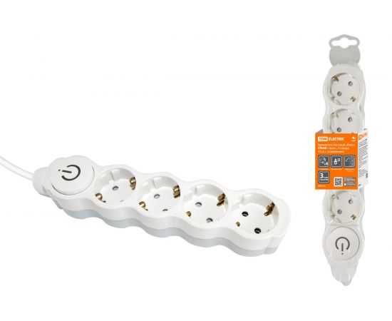 Бытовой удлинитель TDM Люкс УЛ04В выкл, 4 гнезда, 10м, ПВС 3х1мм2 16А/250В бело-серый SQ1303-0183 