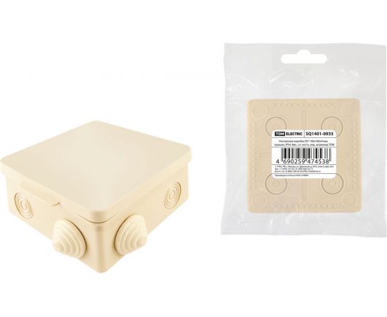 Распаечная коробка TDM ОП 100х100х55мм, крышка, IP54, 8вх., сл. кость, инд. штрихкод SQ1401-0933 