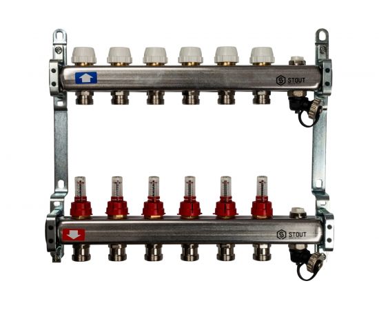Коллектор из нержавеющей стали с расходомерами, с клапаном вып. воздуха и сливом 6 вых. STOUT SMS-0927-000006 