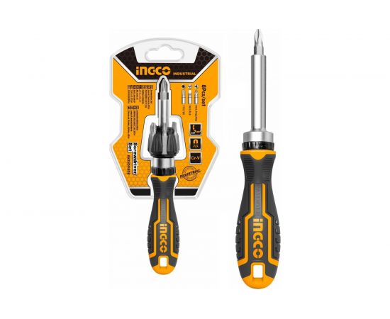 Трещоточная отвёртка с битами INGCO 8 шт INDUSTRIAL AKISD0808 – изображение 2