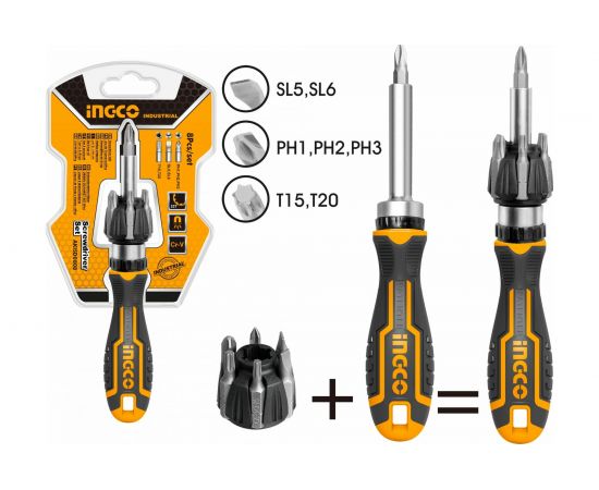 Трещоточная отвёртка с битами INGCO 8 шт INDUSTRIAL AKISD0808 – изображение 3