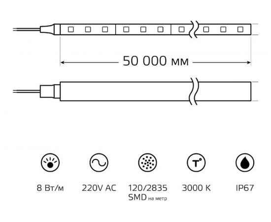 Лента Gauss LED 2835/120-SMD 8W 220V 200lm/m 3000K NEON 8x16мм IP67 50м 311000108 – изображение 5