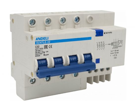 Дифференциальный автомат ANDELI DZ47LE-63 4P 32A 30mA тип AC х-ка С ADL02-013 
