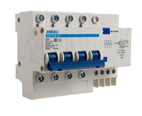Дифференциальный автомат ANDELI DZ47LE-63 4P 32A 30mA тип AC х-ка С ADL02-013 – изображение 3