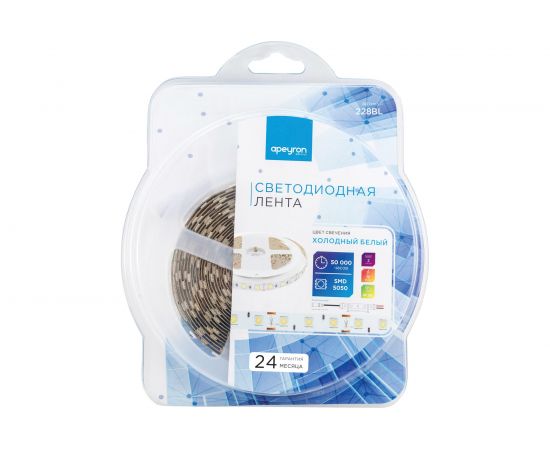 Светодиодная лента Apeyron в блистере, 2м 12В, 14,4Вт/м, smd5050, 60д/м, IP20, 700Лм/м, подложка 10мм, холодный белый 228BL – изображение 5
