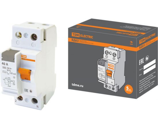 Устройство защитного отключения TDM УЗО ВД63 2Р, 40А, 100мА, электронное SQ0220-0019 