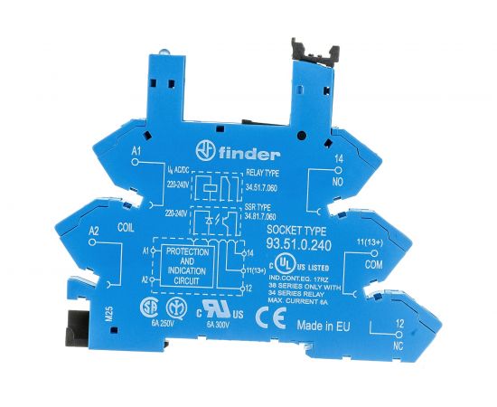Розетка Finder для реле 34.51, 34.81 с пружинными зажимами, 6А, = 220-240В AC/DC, 93510240 