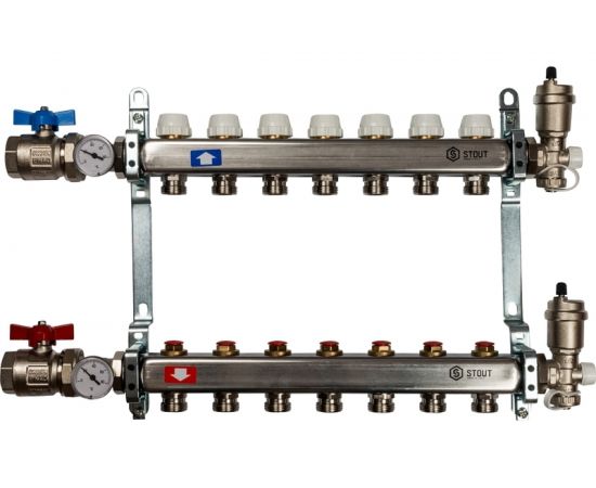 Коллектор из нержавеющей стали в сборе без расходомеров STOUT 7 выходов SMS 0912 000007 
