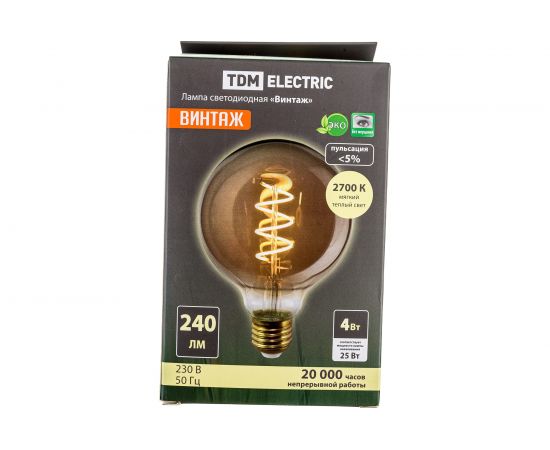 Светодиодная лампа TDM «Винтаж» золотистая, G95, со спиралью, 4 Вт, 230 В, 2700 К, E27, шар SQ0340-0346 – изображение 3