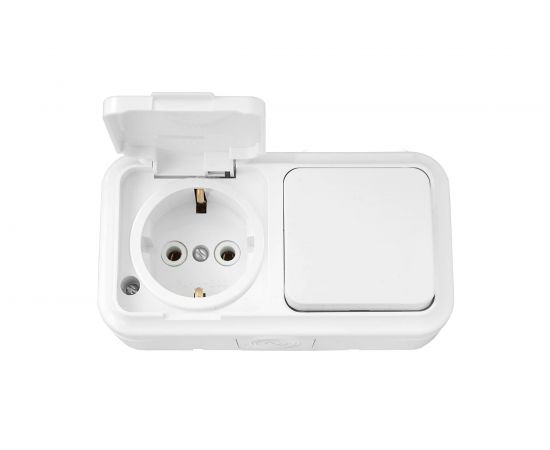 Блок Bylectrica 1 выключатель + розетка с заземляющим контактом ОУ IP54, серия ПРАЛЕСКА АКВА, белый, В-РЦ-657 