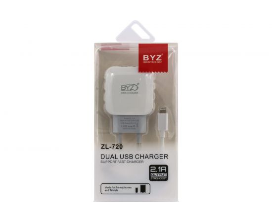 Сетевое зарядное устройство BYZ 2хUSB-А, 2.1А + кабель AM-8pin 1 м, белый 23750-ZL-720IW – изображение 6