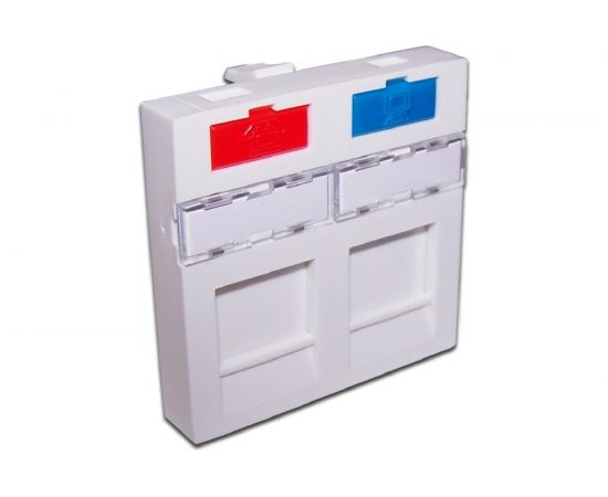 Вставка LANMASTER 45x45 на 2 кейстоуна, со шторкой, маркировк��й, иконками, белая, 