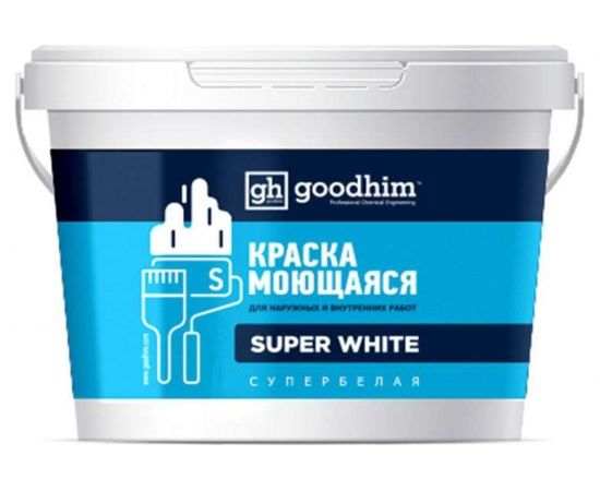 Моющаяся краска для светлых тонов, S стандарт, база А, супербелая - 7кг, готовый раствор Goodhim 89311 