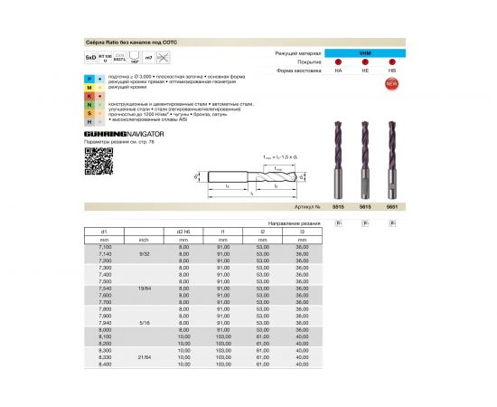 Сверло без каналов СОЖ тип RT100U (8 мм, DIN6537L, твердый сплав, FIRE) Guhring 5515 8,000 – изображение 2