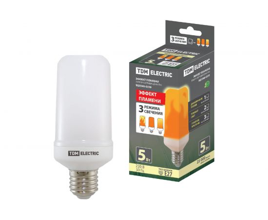 Светодиодная лампа TDM "Эффект пламени" Т65-5 Вт-230 В-1500 К-E27 65х138 SQ0340-0339 