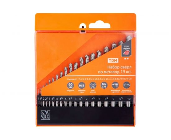 Набор сверл по металлу Рубин (19 шт.; 1-10 мм; HSS; ц/х) TDM SQ1093-0102 