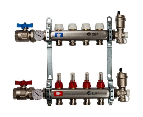 Коллектор из нержавеющей стали в сборе с расходомерами STOUT 4 выхода SMS 0907 000004 