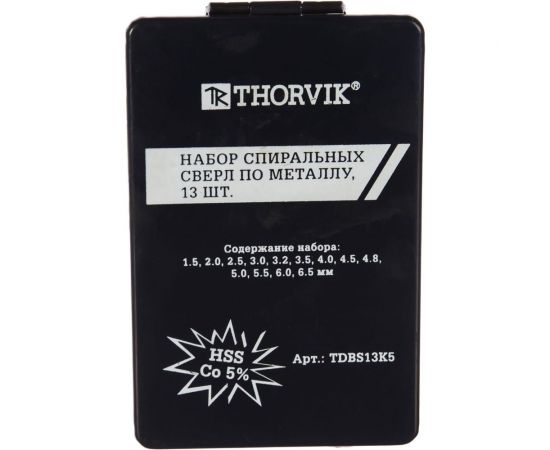 Набор спиральных сверл по металлу (13 шт, 1.5-6.5 мм, HSS Co) в металлическом кейсе Thorvik TDBS13K5 – изображение 2
