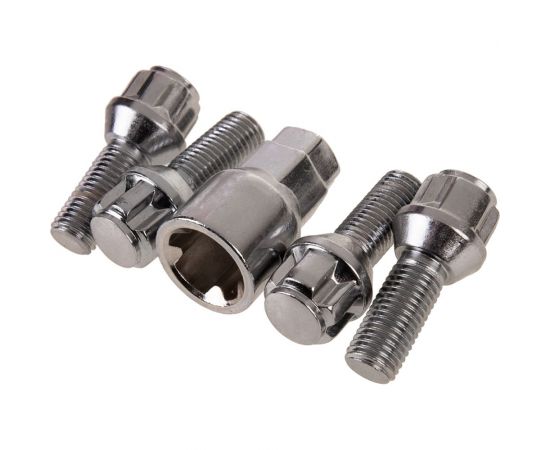 Болты секретки M12x1.50x28 мм, конус 5 луч 1 кл хром 002, 4 шт SKYWAY S10701002 