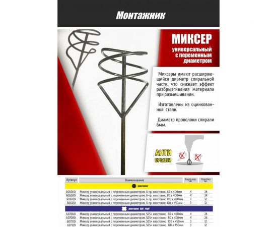 Миксер универсальный с переменным диаметром 60x400 мм, 6-гранный хв-к Монтажник 606060 – изображение 2