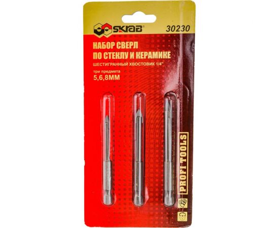 Сверла (3 шт; 5/6/8 мм; шестигранный хвостовик) по стеклу SKRAB 30230 