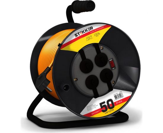 Удлинитель на пластиковой катушке STEKKER STD01-41-50 50м, 4 гнезда с заземлением 3х1,5, оранжевый, 39709 