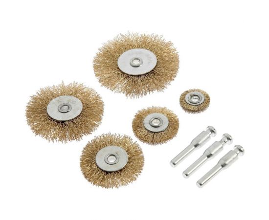 Набор плоских щеток металлических (5 шт; 25, 38, 50, 63, 75 мм; шпильки 3 шт) для дрели TUNDRA 1722232 – изображение 2