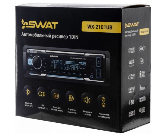 Автомобильный медиа-ресивер SWAT 1 din, 4x50 Вт, MP3, USB, SD, BT мультицветная подсветка WX-2101UB – изображение 5
