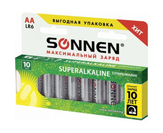 Батарейки SONNEN Super Alkaline, АА LR06, 15А, алкалиновые, 10 штук, в коробке 454231 – изображение 4