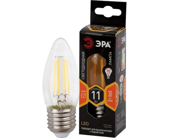 Филаментная лампа ЭРА FLED B35-11w-827-E27 свеча, 11 Вт, теплая, E27, 10/100/5000 Б0046986 – изображение 3