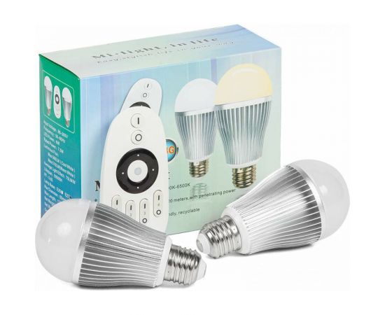 Умные светодиодные лампочки с регулируемой яркостью MAKSILED 2x7.5 Вт 220В E27 3000-6500К, изменение цвета, с пультом, ML-ADJ-SET-2BL+R 